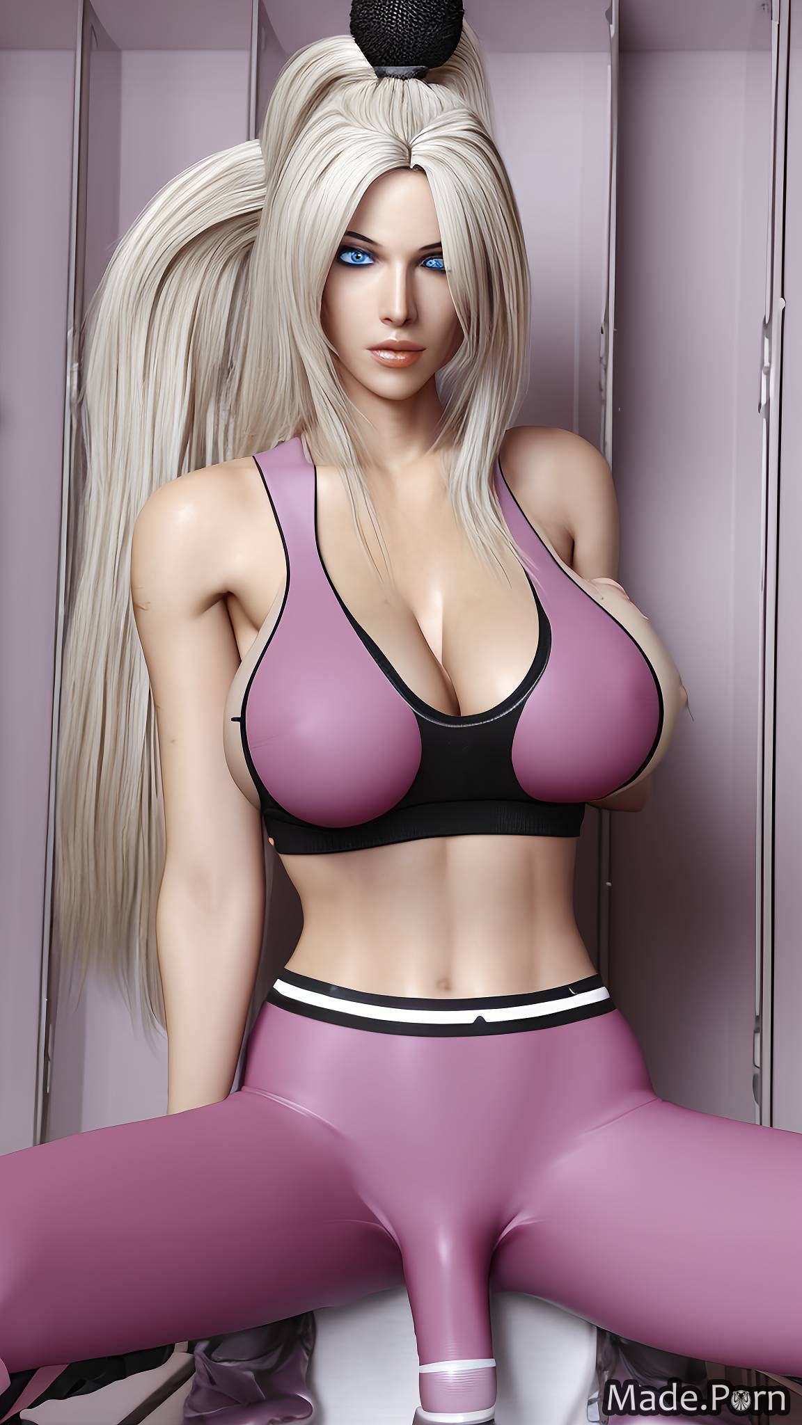 ponytail looking at viewer locker room shemale sports bra partially nude portrait