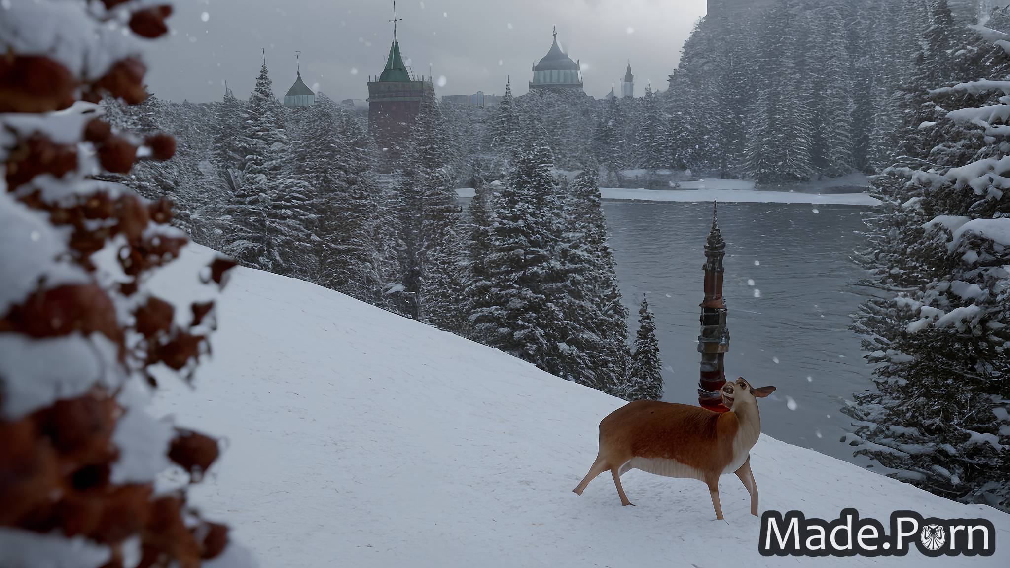 sci-fi snowfall deer horns full shot shemale Kremlin, Moscow muscular